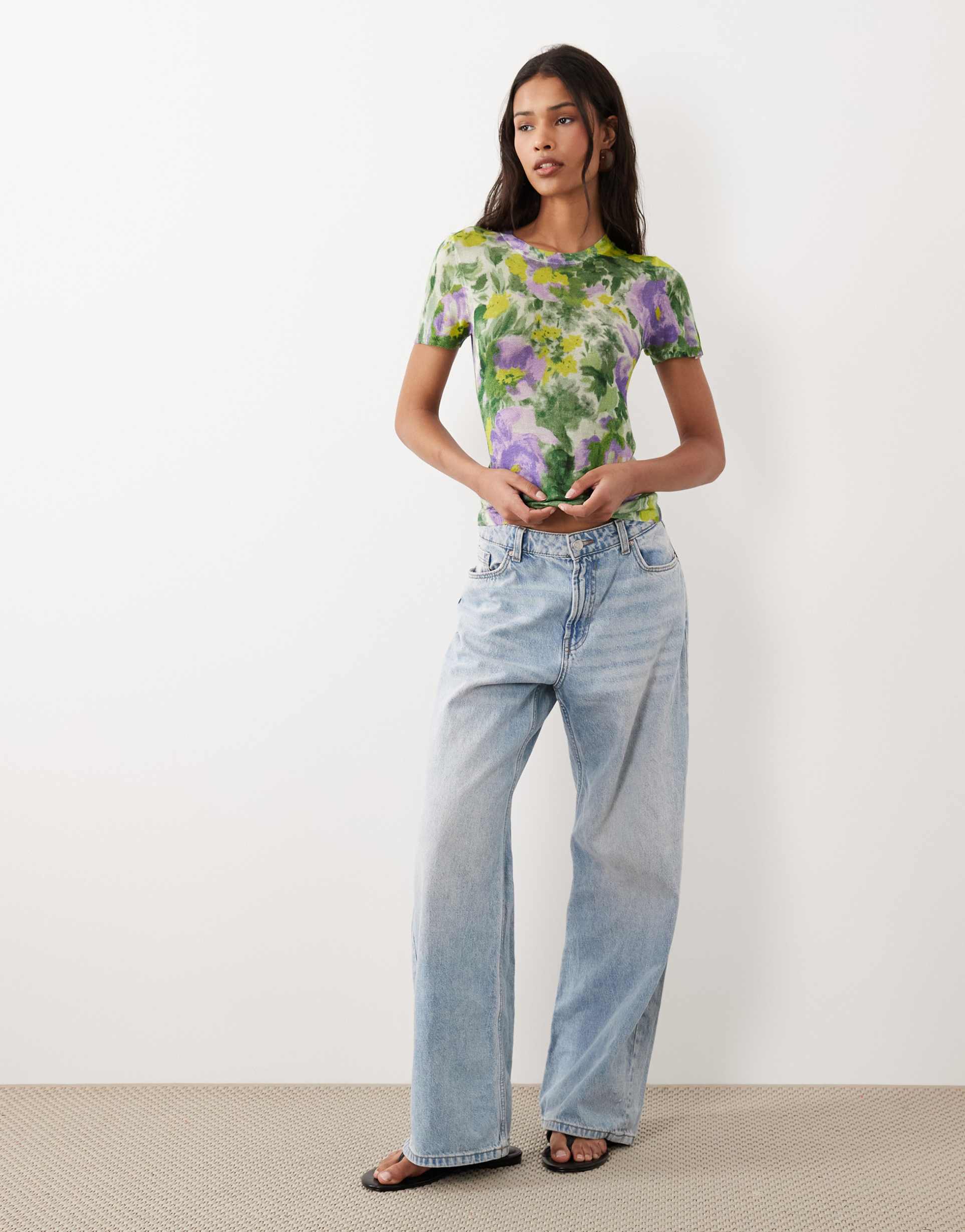 asos design sheer knit second skin t-shirt in floral print