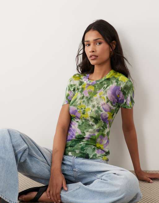 ASOS DESIGN sheer knit second skin T-shirt in floral print, 2 of 4