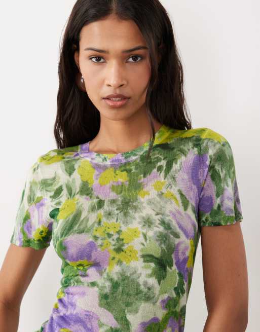 ASOS DESIGN sheer knit second skin T-shirt in floral print, 3 of 4