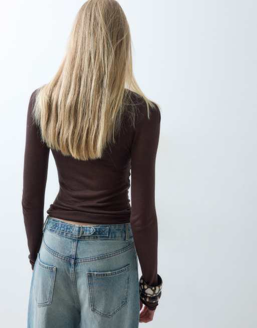 ASOS DESIGN sheer knit soft touch ruched side top in chocolate, 4 of 5