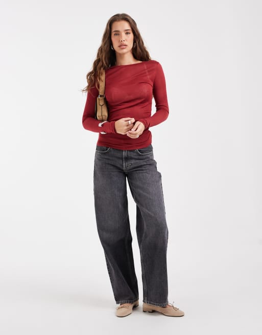 ASOS DESIGN sheer knit soft touch ruched sides top in red, 3 of 4