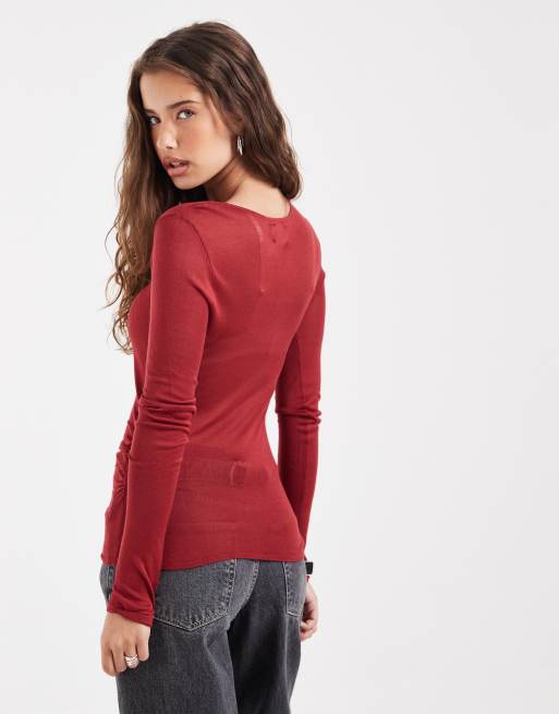 ASOS DESIGN sheer knit soft touch ruched sides top in red, 4 of 4