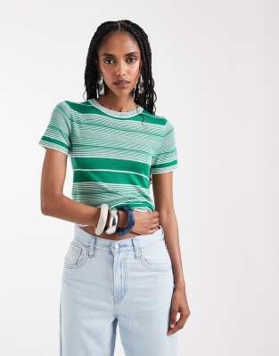 Asos Design Sheer Knit Stripe Tee In Green