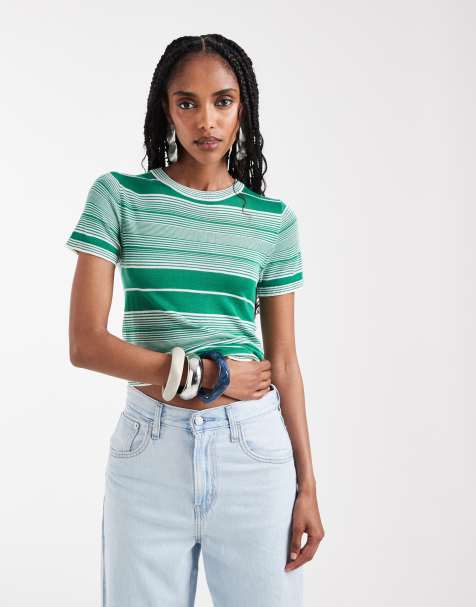 ASOS DESIGN sheer knit stripe tee in green - view 1