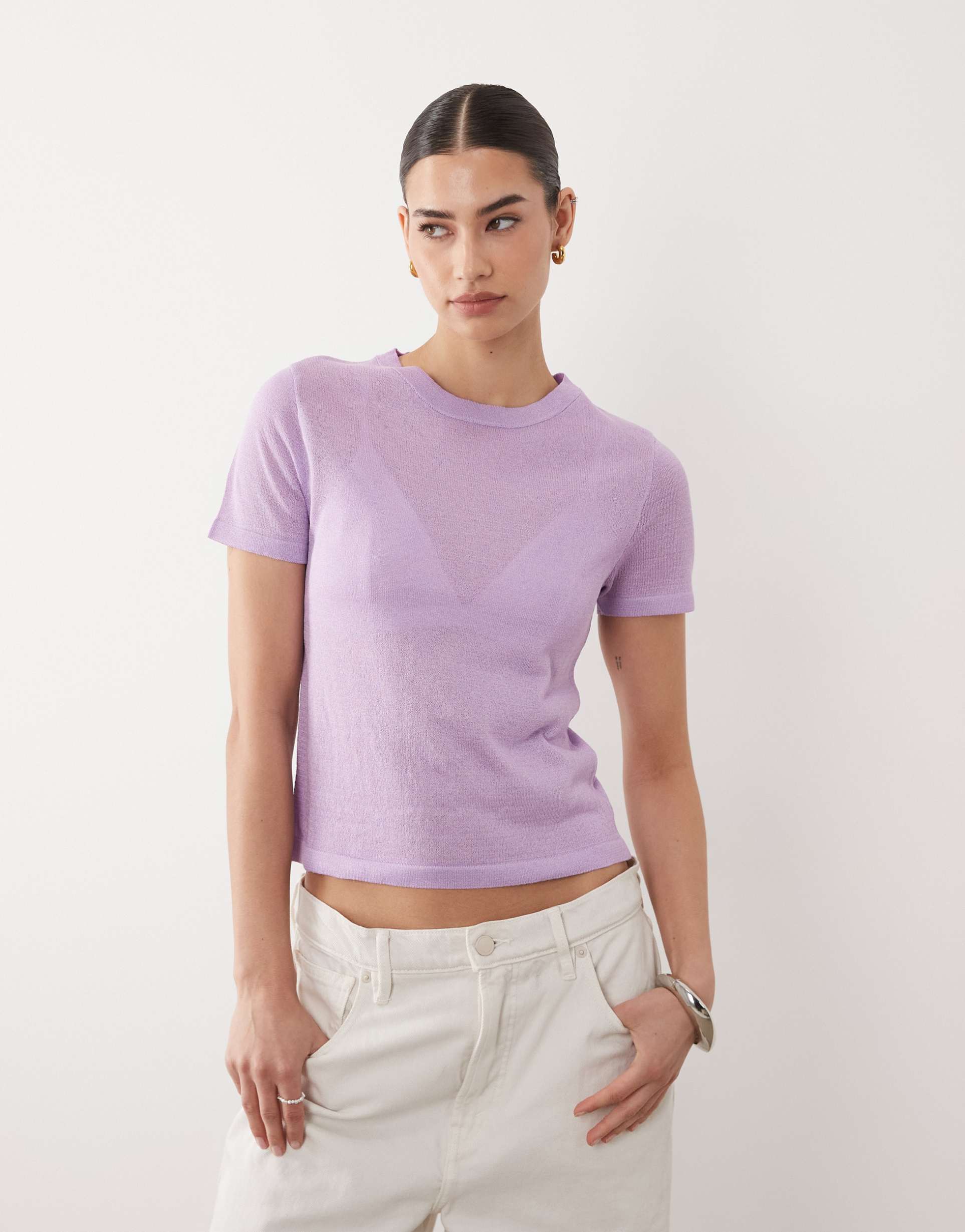 asos design sheer knit t-shirt in lilac