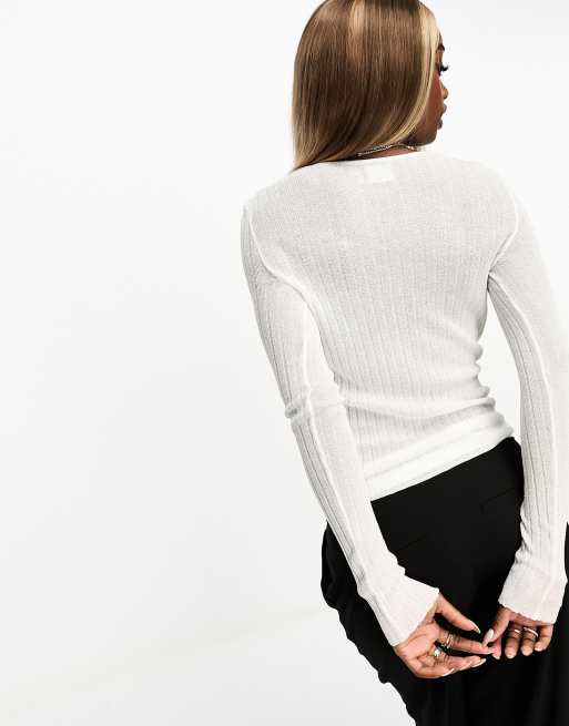 Gems Sheer White Knit Long Sleeve Top