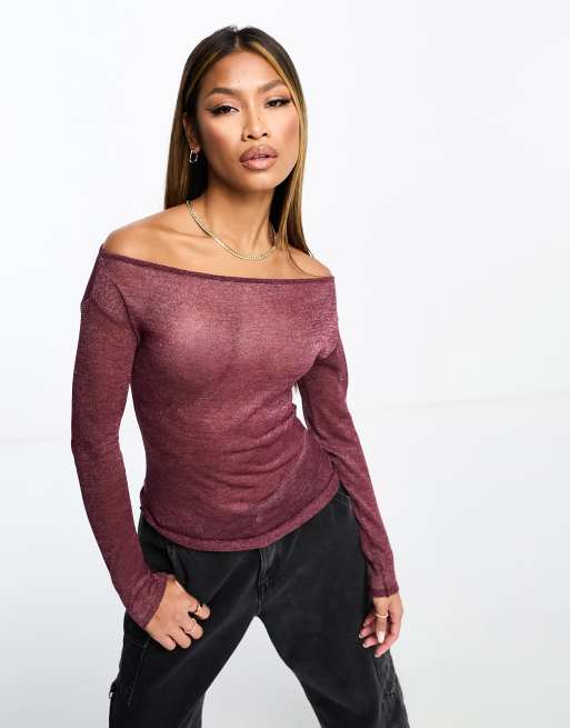 ASOS DESIGN sheer knitted off shoulder top in burgundy