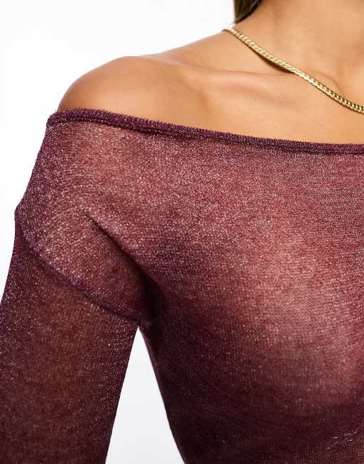 ASOS DESIGN sheer knitted off shoulder top in burgundy