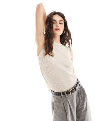 Asos Design Sheer Knitted Ruched Side Tank Top In Stone-neutral