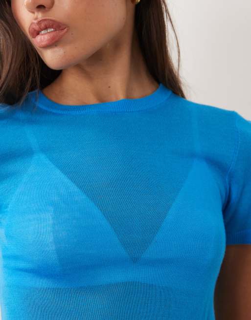 ASOS DESIGN sheer knitted second skin t-shirt in blue, 3 of 4