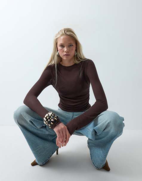 ASOS DESIGN sheer knitted soft touch ruched side top in chocolate - view 1