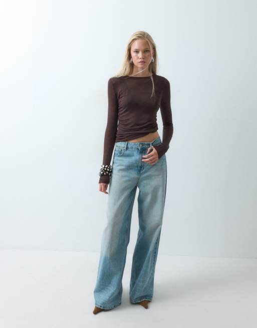 ASOS DESIGN sheer knitted soft touch ruched side top in chocolate, 2 of 5
