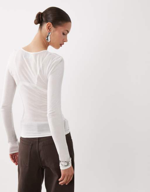 ASOS DESIGN sheer knitted soft touch ruched side top in cream, 4 of 4