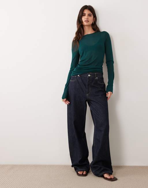 ASOS DESIGN sheer knitted soft touch ruched side top in forest green, 3 of 4