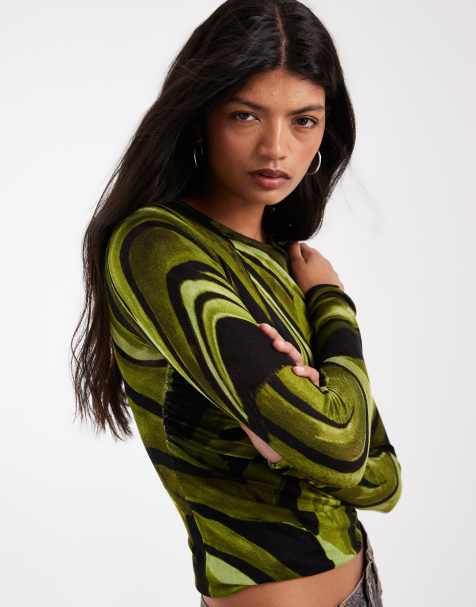 ASOS DESIGN sheer knitted soft touch ruched side top in green pattern - view 1