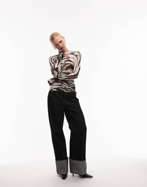 ASOS DESIGN sheer knitted soft touch ruched side top in mono print, 2 of 4