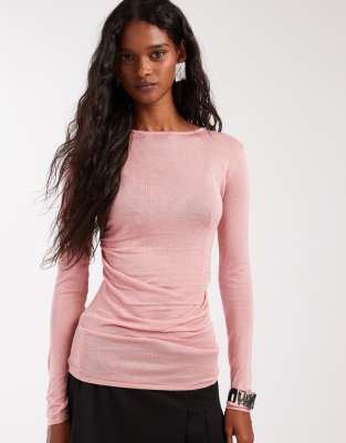 ASOS DESIGN sheer knitted soft touch ruched side top in pink