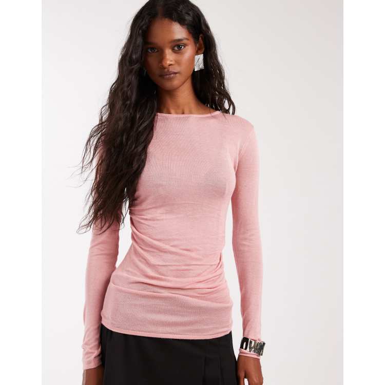 ASOS DESIGN sheer knitted soft touch ruched side top in pink