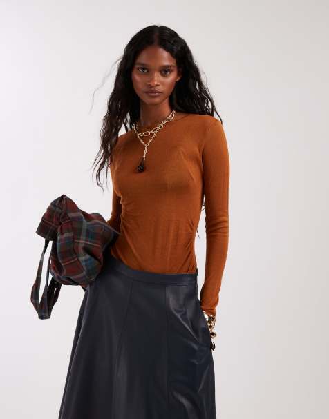 ASOS DESIGN sheer knitted soft touch ruched side top in rust - AUBURN - view 1