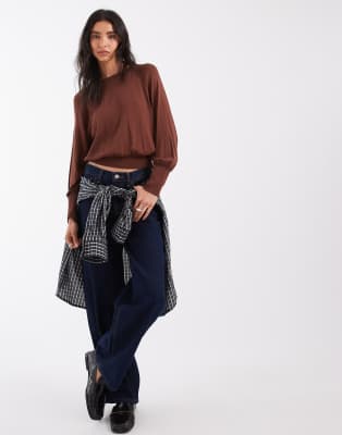 Asos Design Sheer Knitted Sweater In Brown