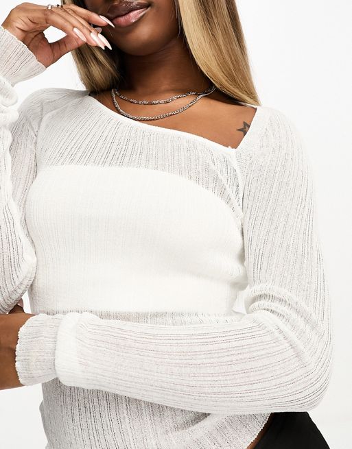 ASOS DESIGN sheer knitted top with asymmetric neckline in cream