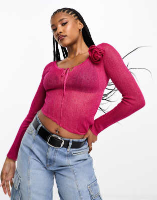 Asos Design Sheer Knitted Top With Rose Corsage In Pink