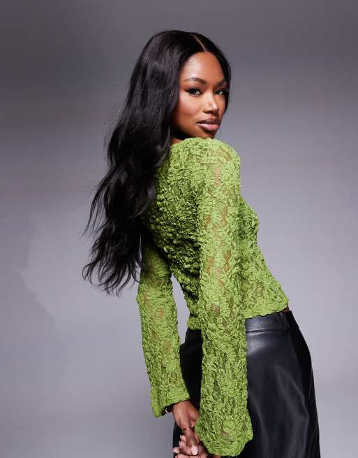 ASOS DESIGN sheer lace angel sleeve top in green