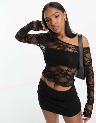 ASOS DESIGN spliced lace top with gathers in black