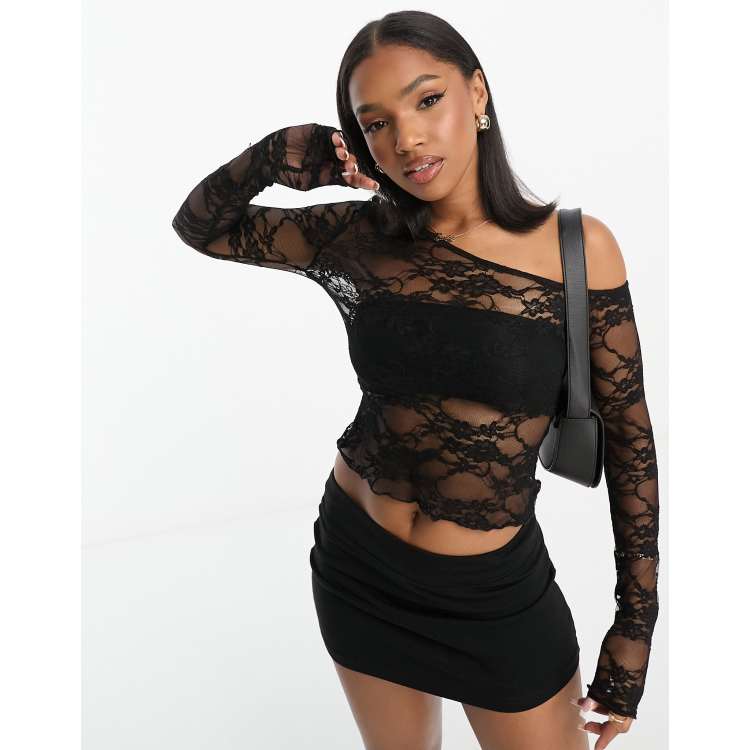 ASOS DESIGN sheer lace asymmetric top in black | ASOS