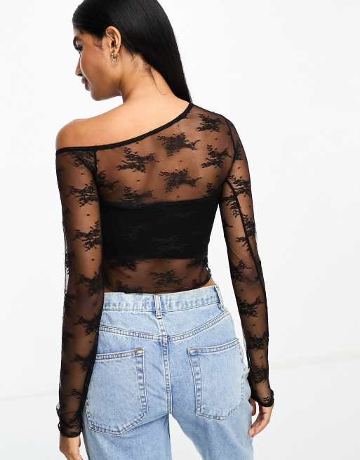 ASOS DESIGN sheer lace asymmetric top in black