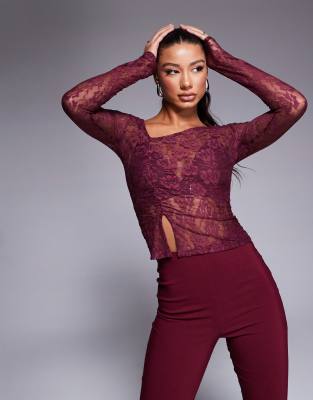 Asos Design Sheer Lace Asymmetric Top In Burgundy-red