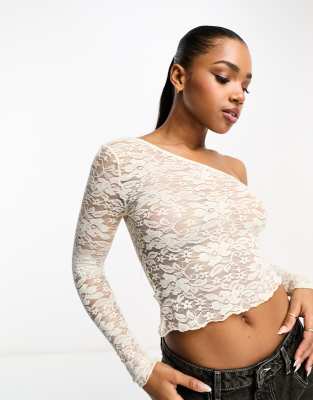 ASOS DESIGN sheer lace asymmetric top in cream