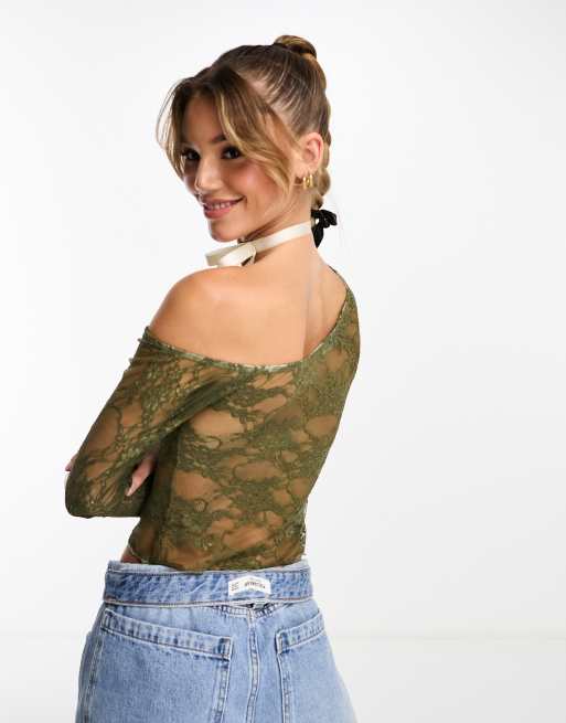 【Eaphi】 SHEER LACE ASYMMETRY CUT TOPS SHEER LACE ASYMMETRY CUT TOPS