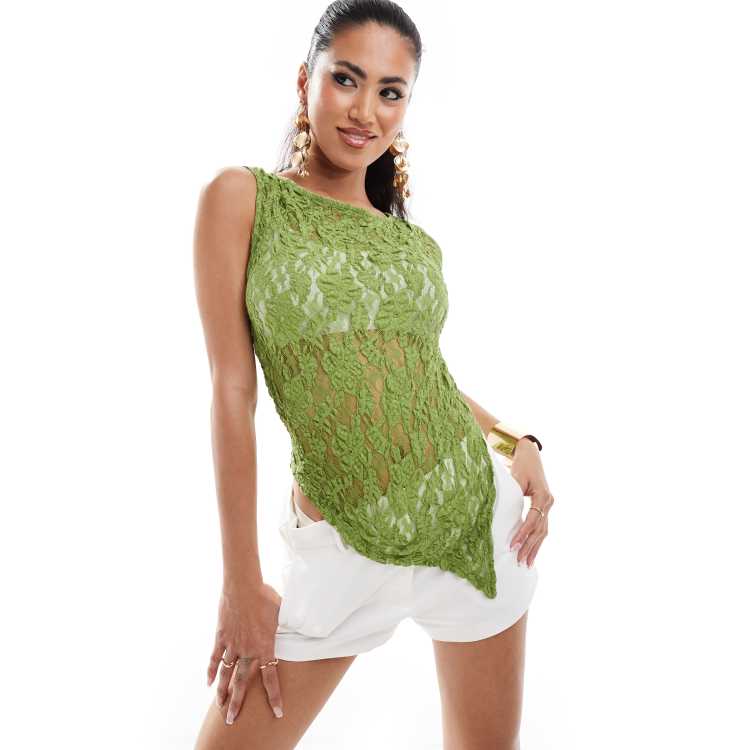 ASOS DESIGN sheer lace asymmetric top in khaki | ASOS