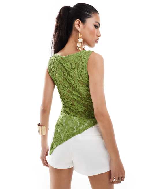 ASOS DESIGN sheer lace asymmetric top in khaki | ASOS