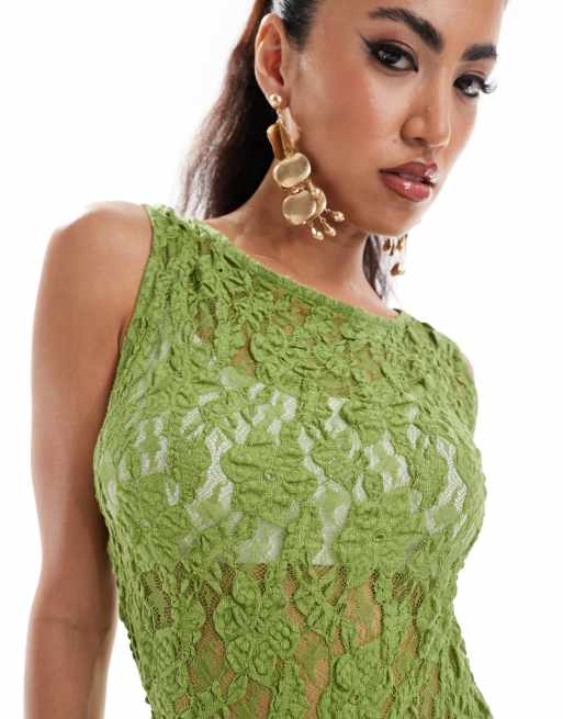 ASOS DESIGN sheer lace asymmetric top in khaki | ASOS