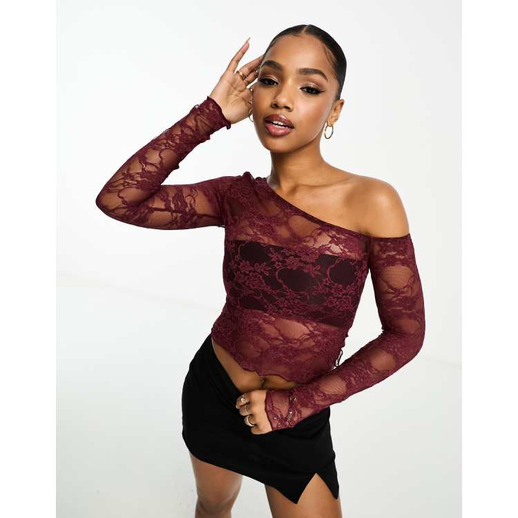 ASOS DESIGN sheer knitted off shoulder top in burgundy