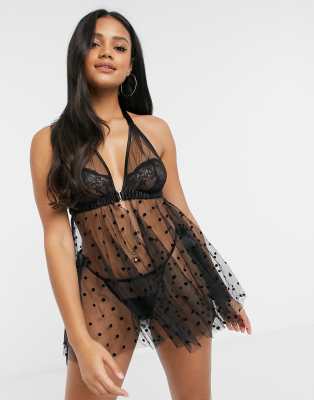 ASOS DESIGN sheer lace baby doll top with thong set in black