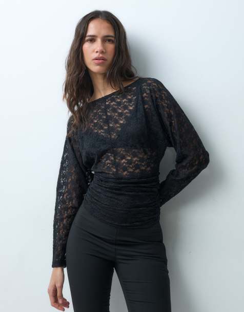 ASOS DESIGN sheer lace slash neck batwing sleeve top with ruched waist in black