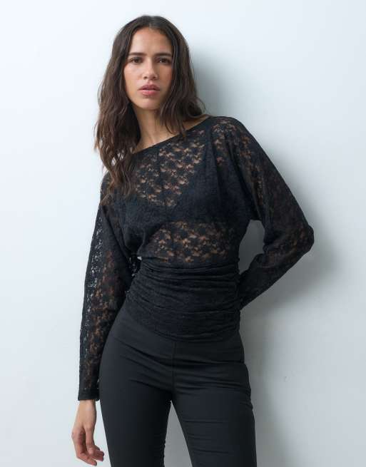 ASOS DESIGN sheer lace boat neck batwing long sleeve top with ruched waist in black, 5 of 5