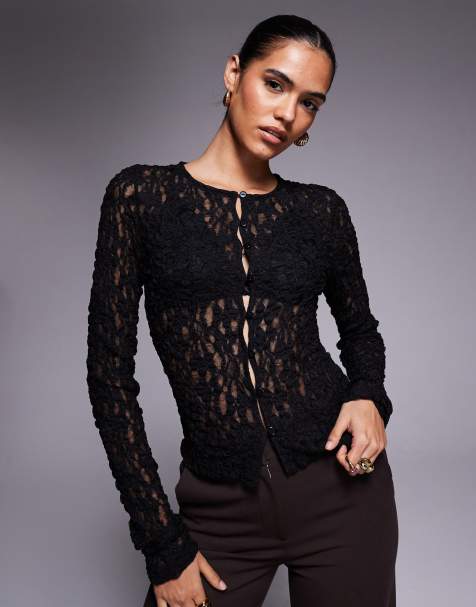 ASOS DESIGN sheer lace button down top in black - view 1