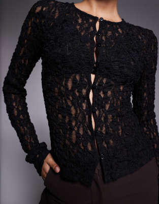 Asos Design Sheer Lace Button Down Top In Black