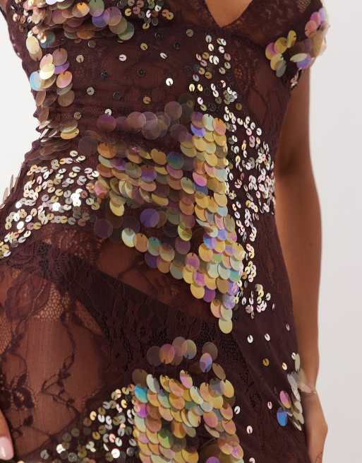 ASOS DESIGN sheer lace cami maxi dress with placement embellishment in chocolate, 3 of 4