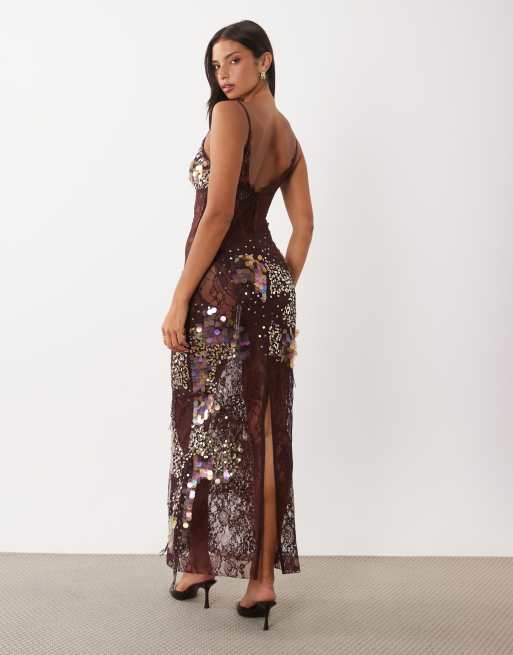 ASOS DESIGN sheer lace cami maxi dress with placement embellishment in chocolate, 4 of 4