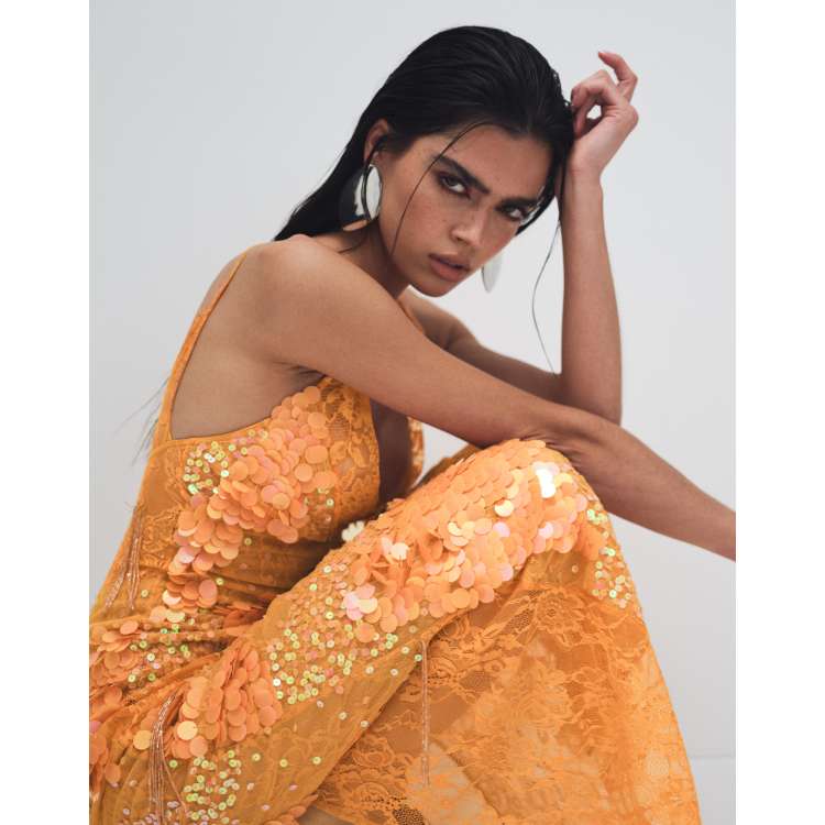 ASOS DESIGN sheer lace cami maxi dress with placement
