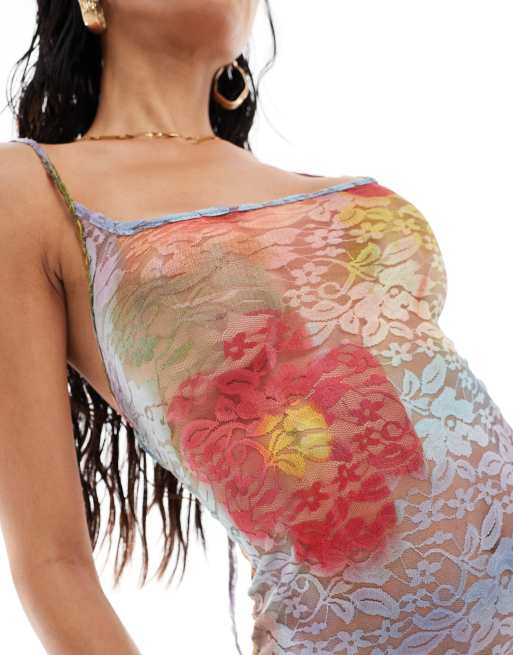 ASOS DESIGN sheer lace cami maxi dress with side split in oversized floral print, 2 of 4