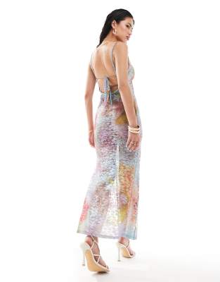 asos design sheer lace cami maxi dress ASOS DESIGN sheer lace cami maxi dress with side split in oversized floral  print