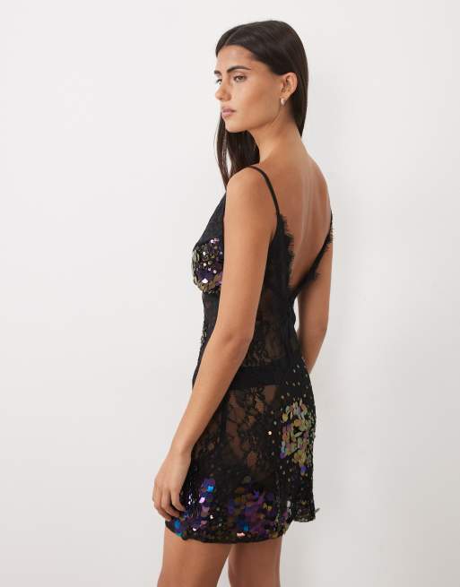 ASOS DESIGN sheer lace cami mini dress with placement embellishment in black, 4 of 4