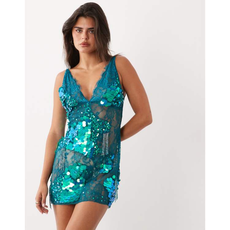 teal green lace dress ASOS Design - Sheer Cami Mini - Women - Polyester - 10 US ROAM DROP 4
