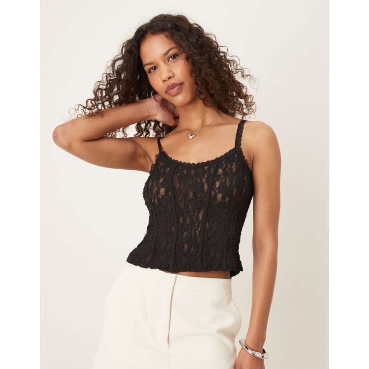 ASOS DESIGN sheer lace cami top with trim detail in black | ASOS